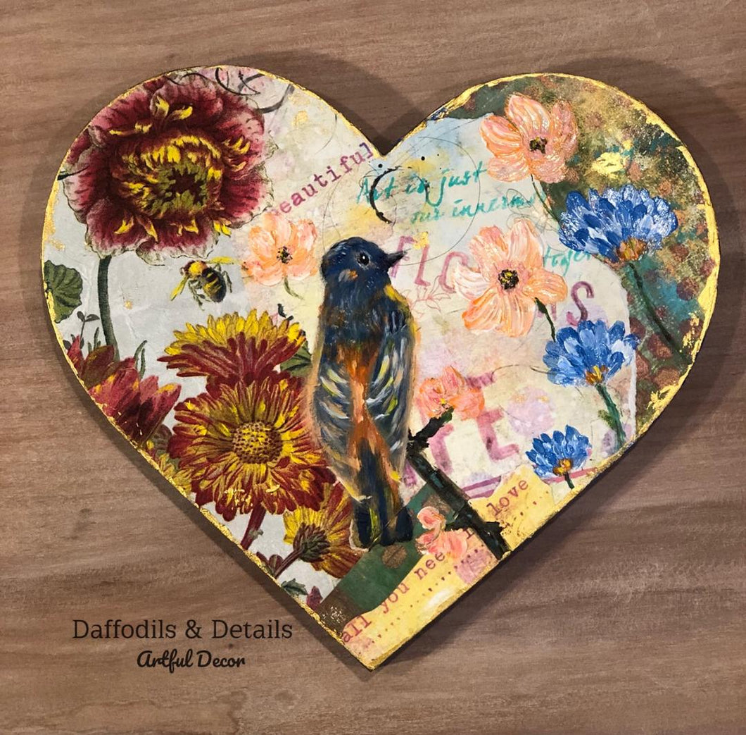 Mixed Media Bird Art, Heart, Blue Bird, Hand Painted, Gift Idea, Valentine, Mother's Day