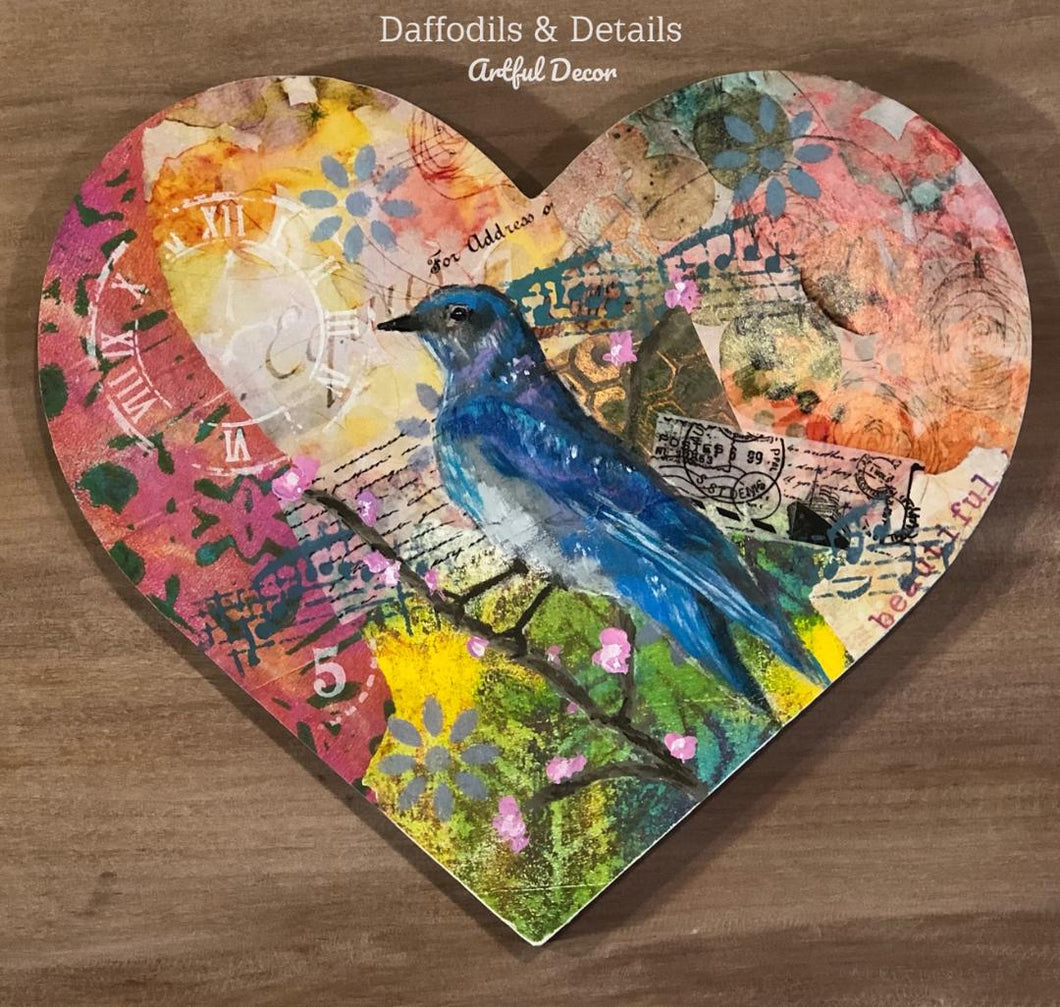 Mixed Media Bird Art, Heart, Blue Bird, Hand Painted, Gift, Valentine, Mother's Day