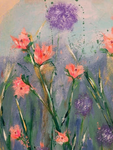 Original Acrylic Flower Painting, Garden, Abstract, Canvas Art, Soft, Pink, Blue, Wall Decor, Wrapped Canvas, Pallet Knife, Water Color