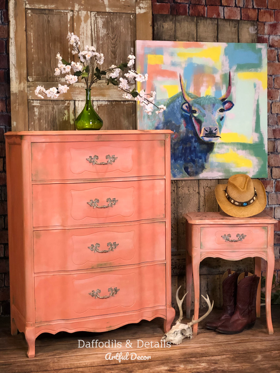 Bohemian Farmhouse Tallboy Dresser and Nightstand, French Provincial, Country French, Coral Pink Furniture