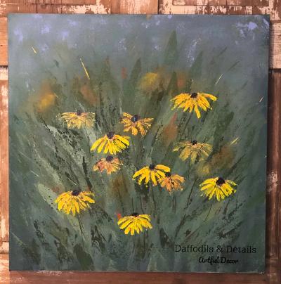 Original Floral Painting of Yellow Flowers on Canvas, Late Summer Blooms, Cone Flowers, Black Eyed Susan