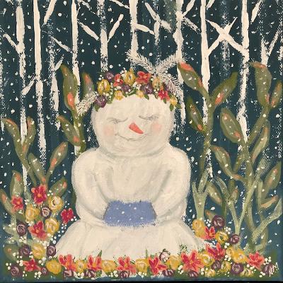 Boho in the Snow, Bohemian Painting, Snowman Painting, Flower Painting
