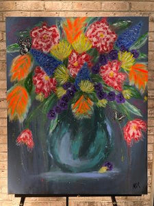 Original Colorful Flower Painting with Butterflies and Bright Bold Blooms, Mixed Media Art