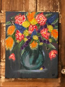Original Colorful Flower Painting with Butterflies and Bright Bold Blooms, Mixed Media Art