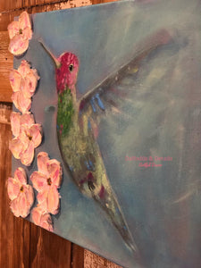 Humming Bird, Bird Art, Abstract, Colorful Painting, Flowers, textured art